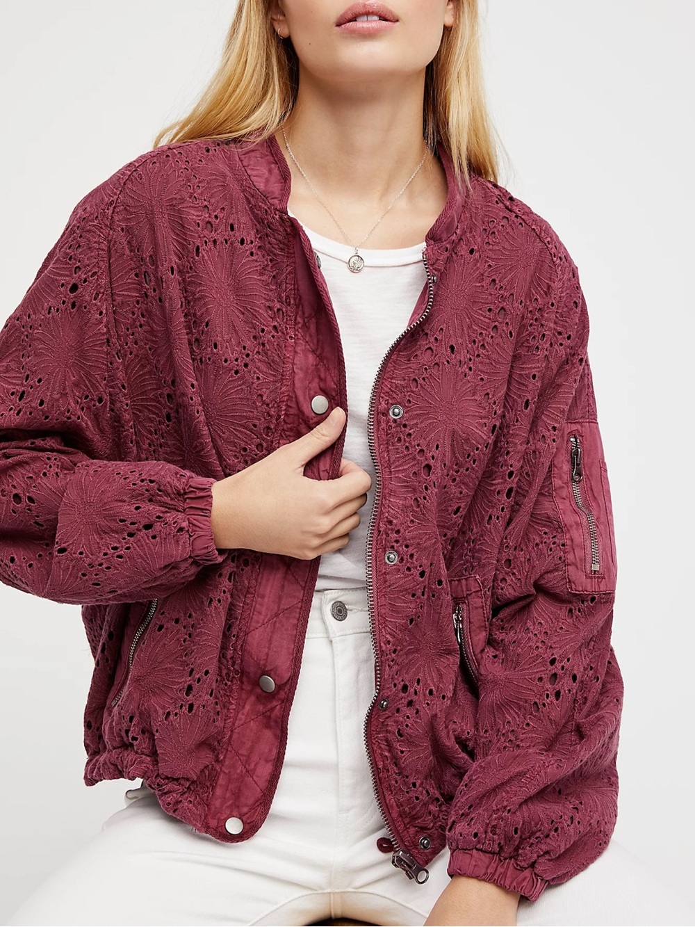 Free People Daisy Jane Bomber Jacket Eyelet Raspberry Purple Slouchy Oversized S - Picture 1 of 16